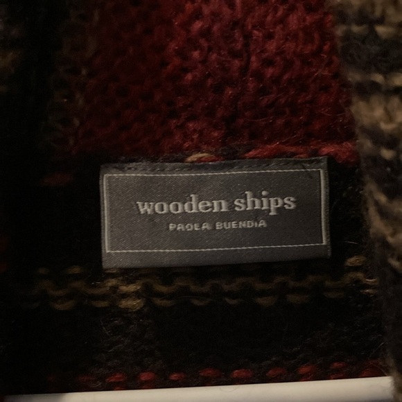 Wooden Ships  s/ med sized light weight striped red, black and tan sweater GUC - Picture 2 of 3